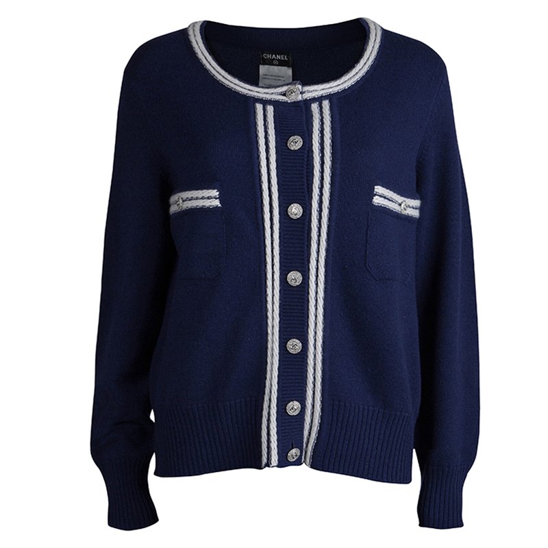 Chanel Navy Blue Cashmere Button Front Cardigan XL