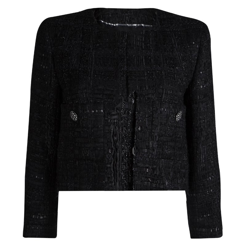 Chanel 2003 Fall 03A black Cropped Boucle Tweed Jacket FR 48 US 10