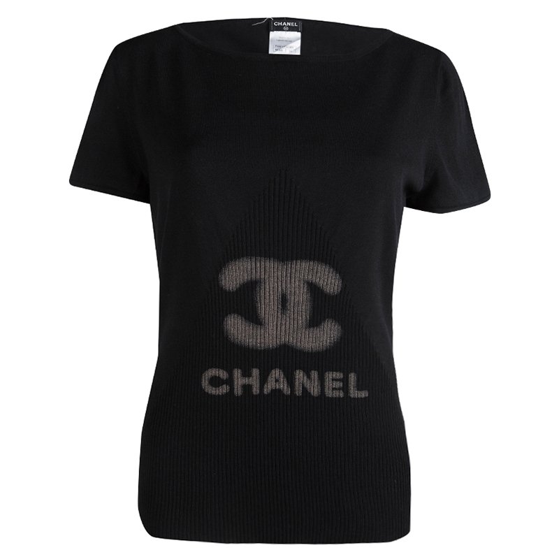 مملوكة مسبقًا Chanel Black Rib Knit Logo Print Top L