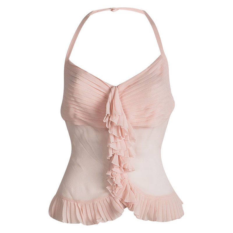 Chanel Pink Pleated Silk Skirt and Halter Top Set M
