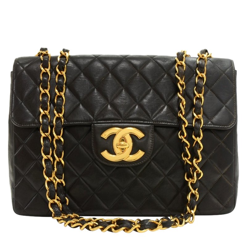 Pre Owned Chanel Black Quilted Lambskin Jumbo Classic Flap Bag