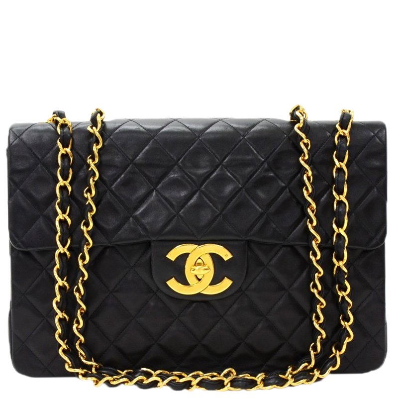 Pre Owned Chanel Black Quilted Leather Maxi Jumbo XL Vintage Classic Flap Bag