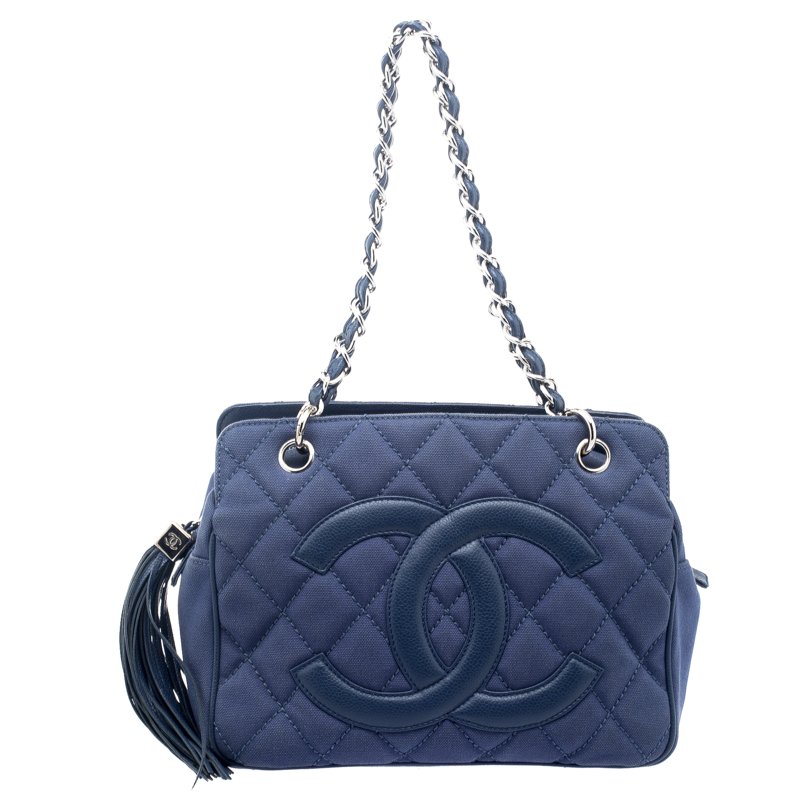 Pre Owned Chanel Blue Quilted Canvas Petite Timeless Shopper Tote