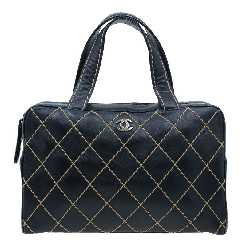 Pre Owned Chanel Black Leather Wild Stitch Bowling Bag