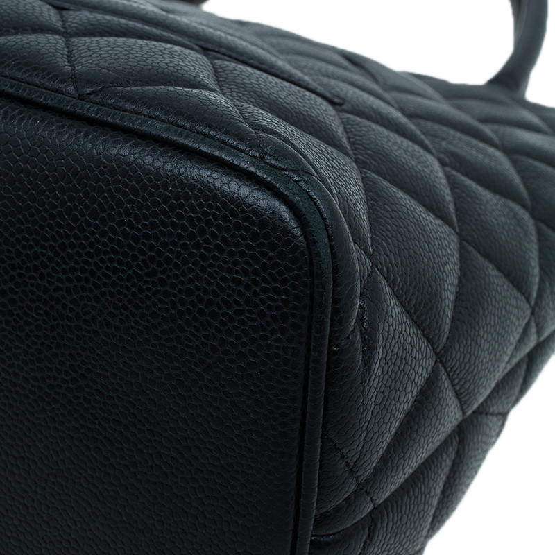 CHANEL MEDALLION Caviar Skin Leather Black Tote Bag #2508 Rise-on