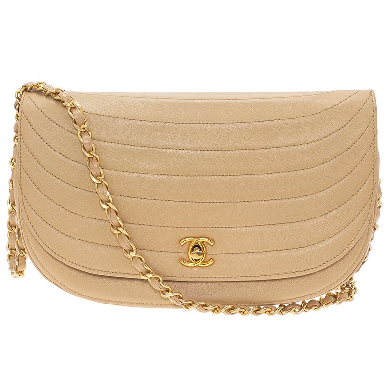 Pre Owned Chanel Cream Vintage Leather Moon Shaped Curved Horizontal Flap Bag