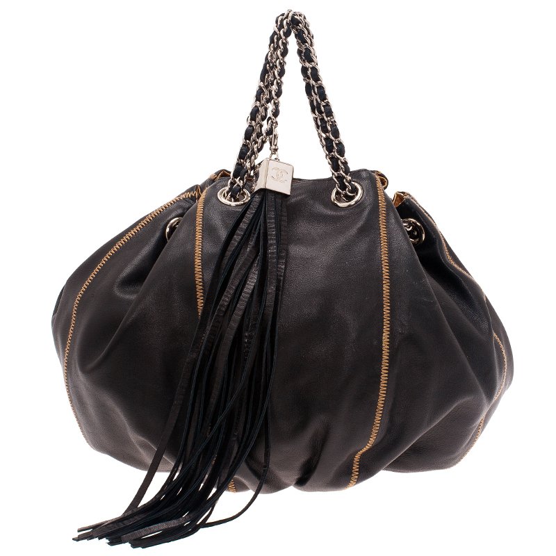 Chanel Black Rose Leather Reversible Drawstring Tassel Bag