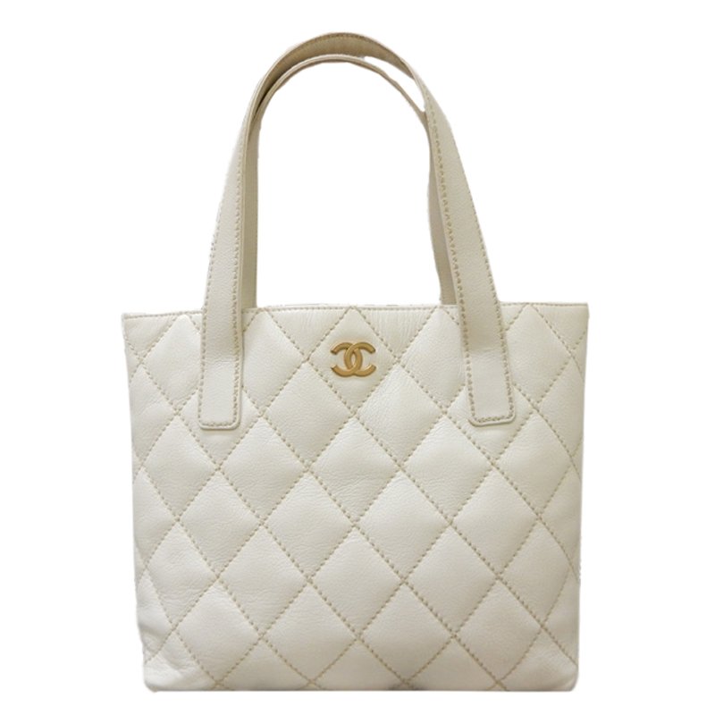 Chanel White Quilted Lambskin Small Wild Stitch Tote