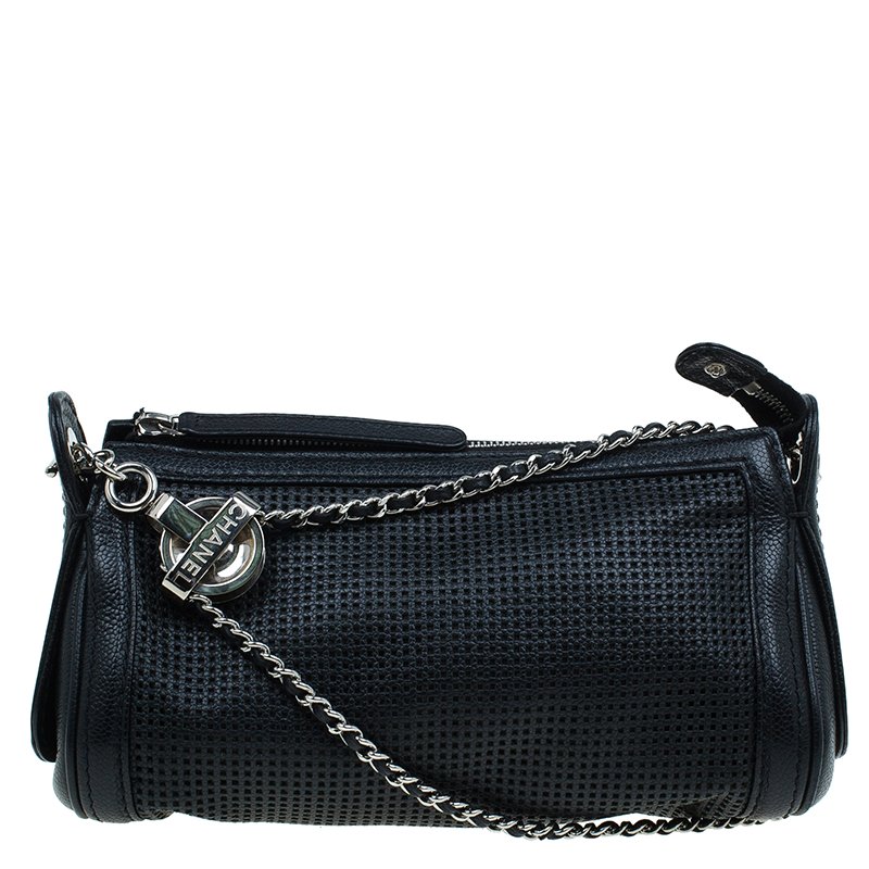 مملوكة مسبقًا Chanel Black Perforated Leather Pulley Camera Case Shoulder Bag