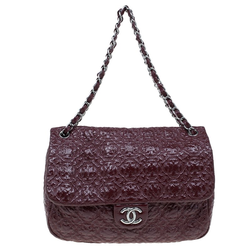Chanel Burgundy Patent Leather Rock In Moscow Jumbo Classic Flap Bag