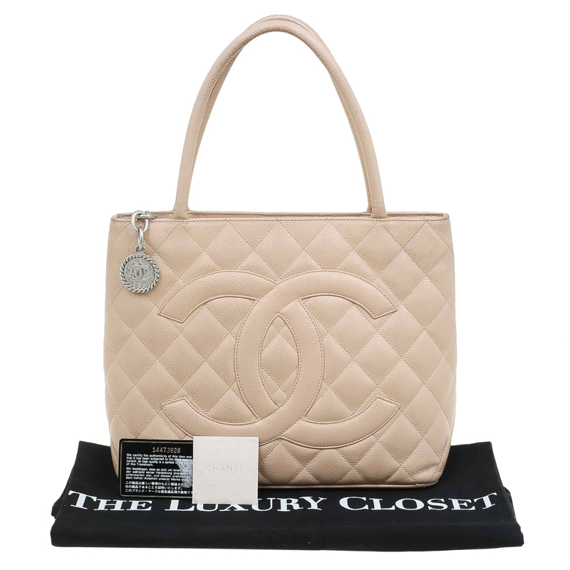 CHANEL Medallion Tote Bag Caviar Skin Leather Beige Auth Women