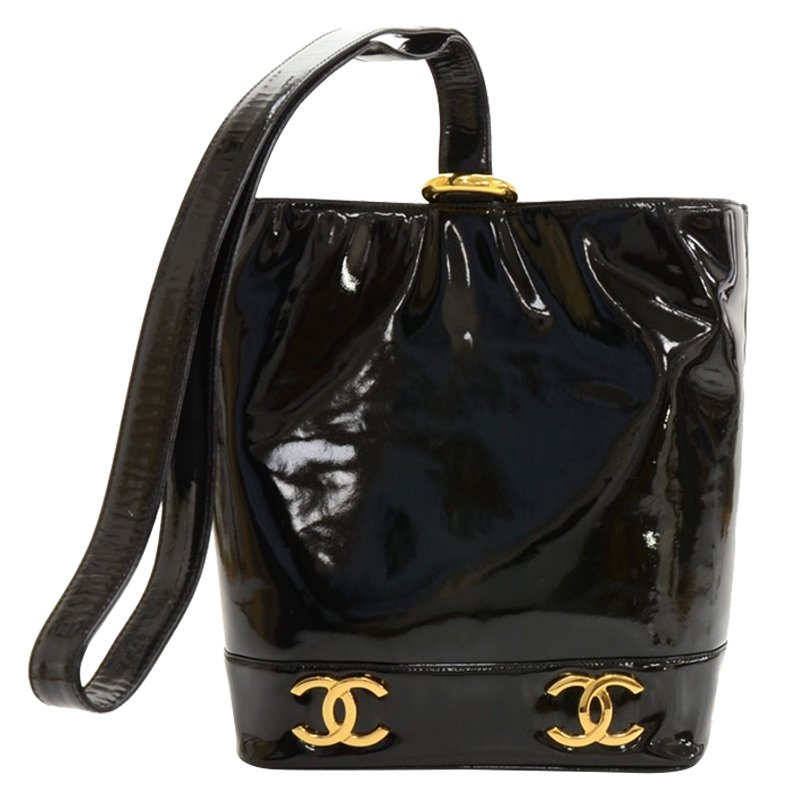 Chanel black patent leather vintage bucket tote