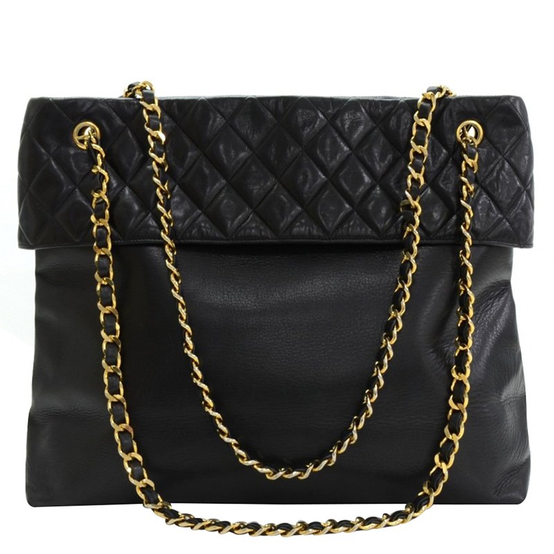 Pre Owned Chanel Black Lambskin Leather Large Flap Shopper Tote