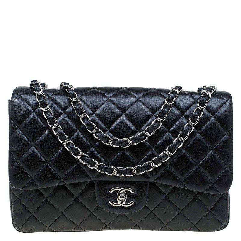 Pre Owned حقيبة شانيل جامبو كلاسيك جلد أسود مبطن بقلاب