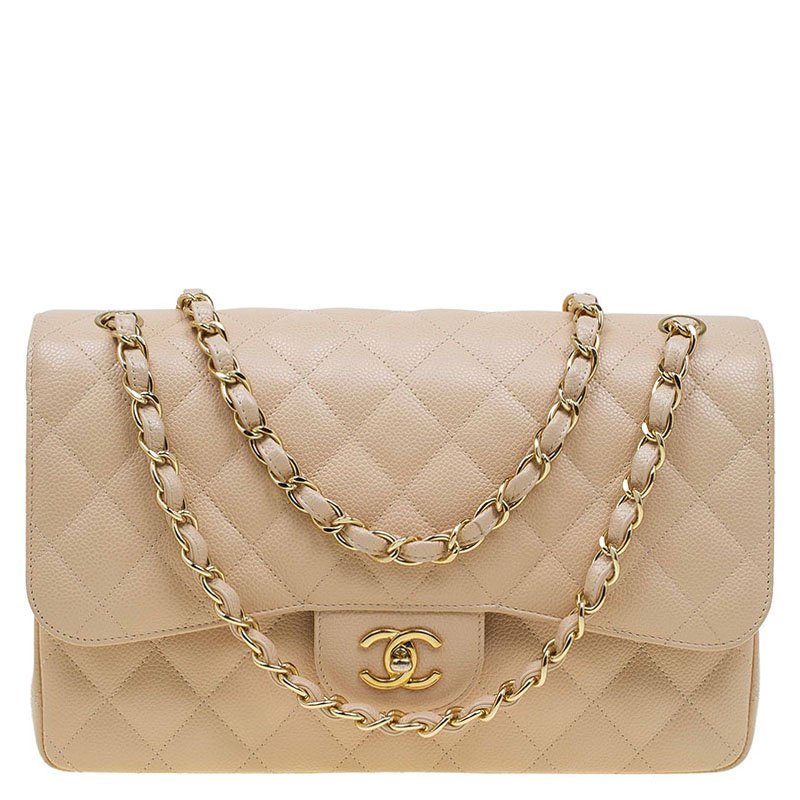 NEW CHANEL 2023 Jumbo Classic Caviar Double Flap BEIGE Bag Gold CC HWR  MICROCHIP