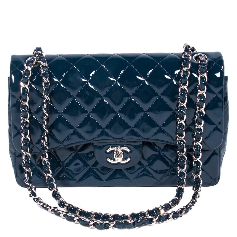 Chanel Dark Blue Quilted Patent Leather Jumbo Classic Double Flap Bag