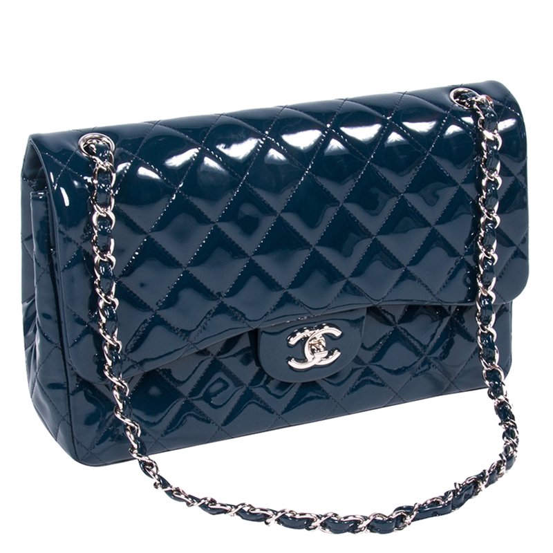 Chanel Dark Blue Quilted Patent Leather Jumbo Classic Double Flap