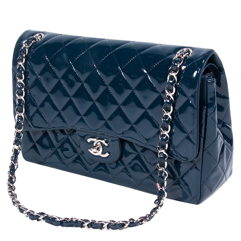 Chanel Dark Blue Quilted Patent Leather Jumbo Classic Double Flap
