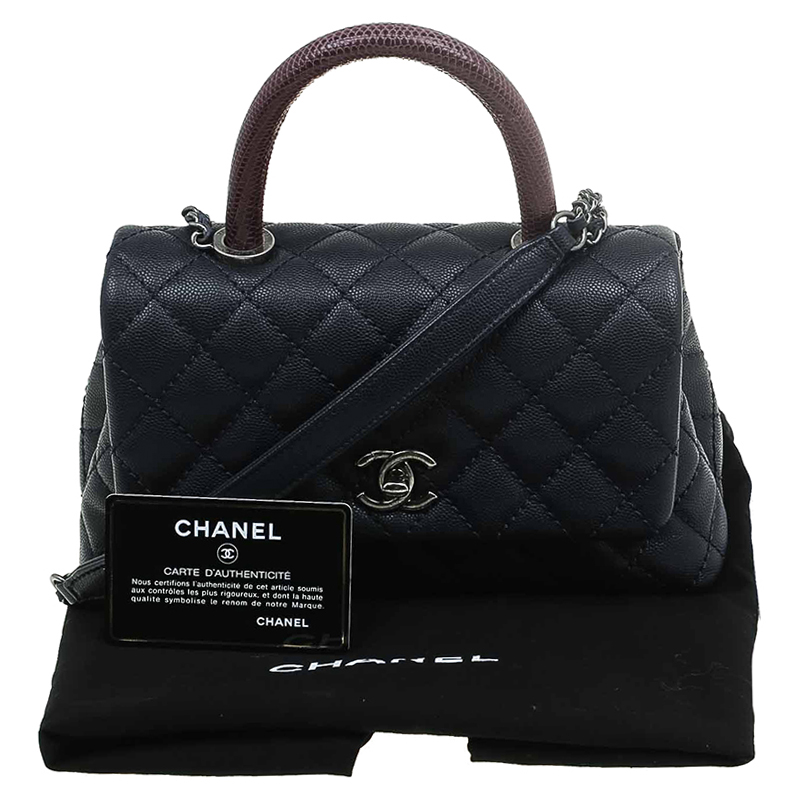 Chanel Navy Blue Quilted Caviar Leather Small Lizard Handle Coco