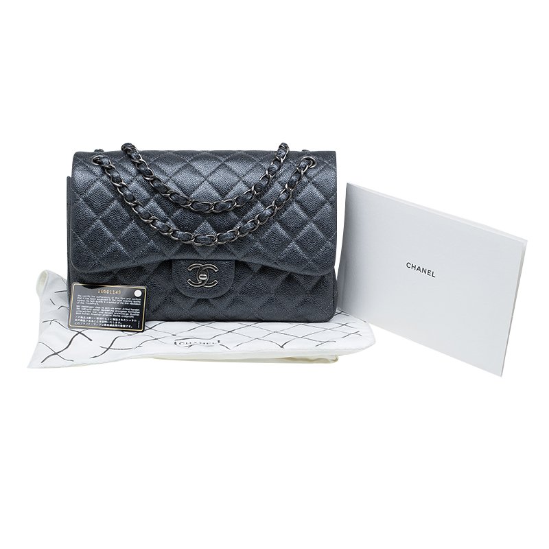 Chanel Metallic Grey Quilted Caviar Leather Jumbo Classic Double Flap Bag  Chanel