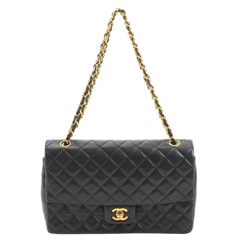 Pre Owned Chanel Black Quilted Lambskin Classic Single Flap Bag