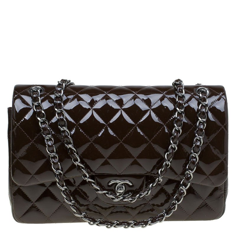Chanel Brown Quilted Patent Leather Jumbo Classic Double Flap Bag