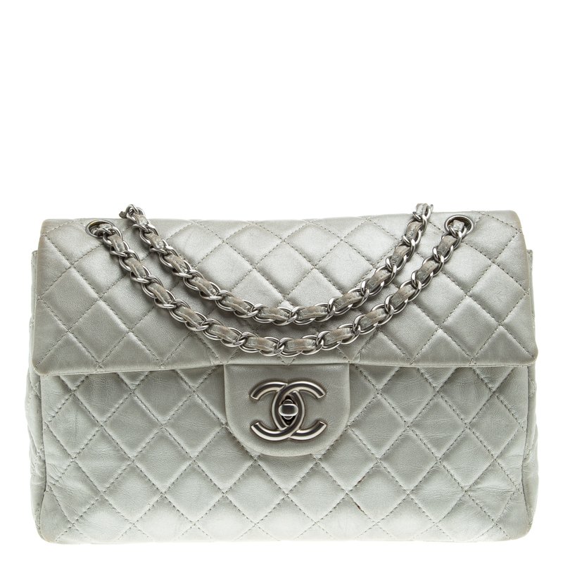 Chanel Grey Quilted Iridescent Leather Maxi Classic Single Flap Bag ...