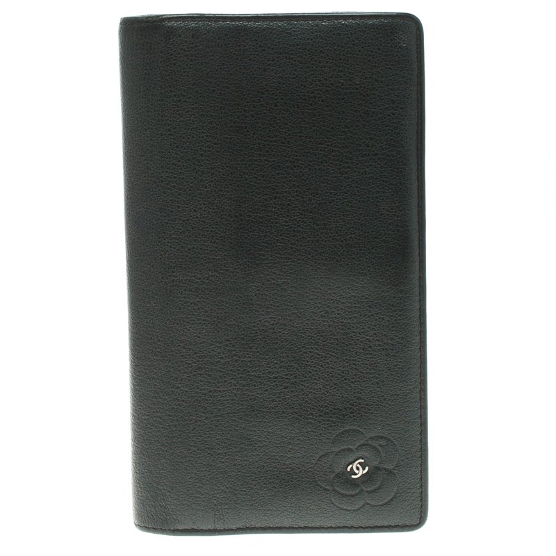 Chanel Dark Grey Leather Camellia Long Wallet