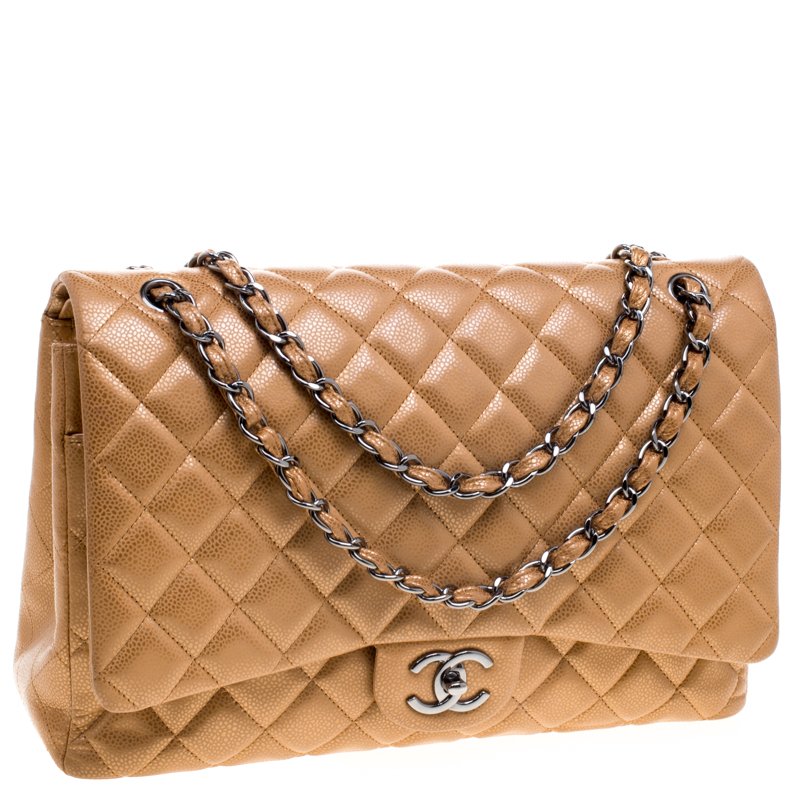 Chanel Caramel Quilted Caviar Leather Maxi Classic Double Flap Bag