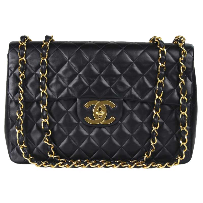 Pre Owned Chanel Black Quilted Lambskin Maxi Jumbo Vintage Classic Flap Bag