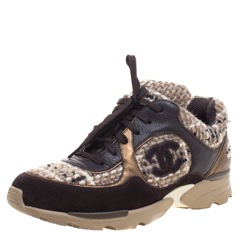 Chanel Brown Woolen Tweed and Lace Up Sneakers Size 41 Chanel |