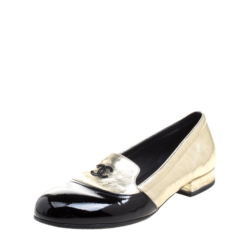 Pre Owned Chanel Gold Crackled Metallic Leather CC Cap Toe Smoking Slippers Size 37