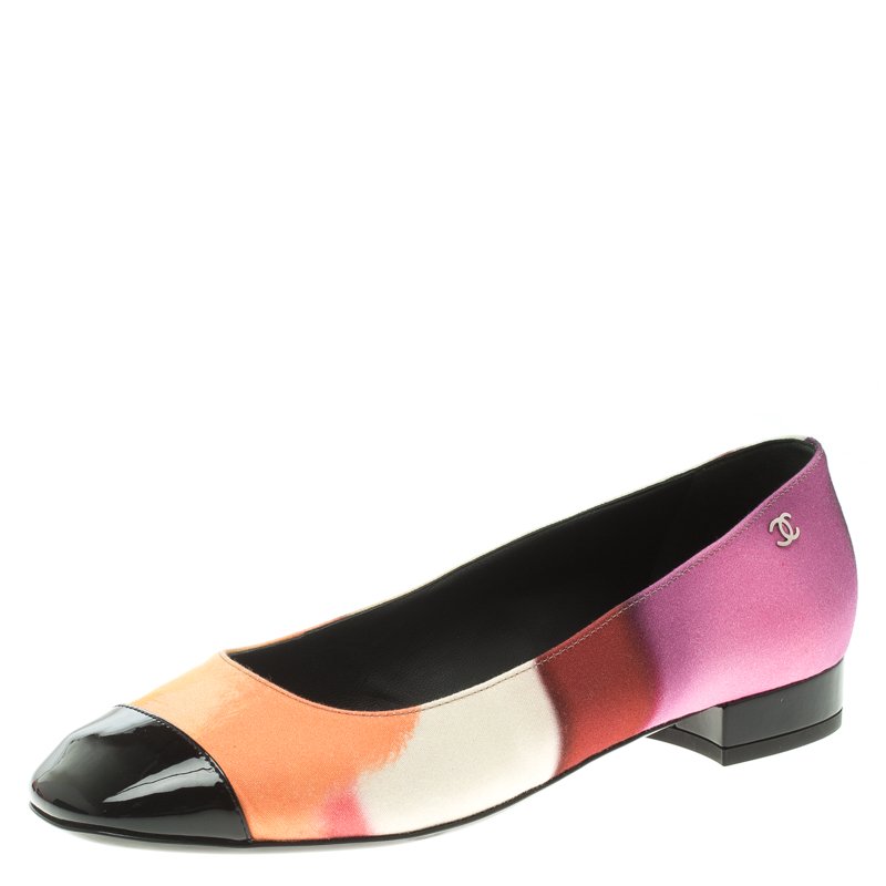 Pre Owned Chanel Watercolor Silk and Leather Cap Toe Ballet Flats Size 37.5