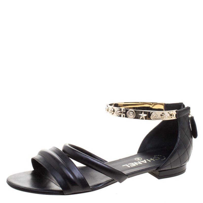 Chanel Black Quilted Leather Charm Embellished Sandals Size 39