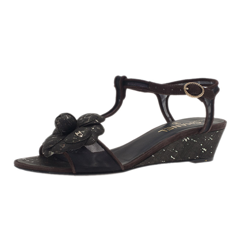 Chanel Black Leather Camellia T Strap Wedge Sandals Size 38.5