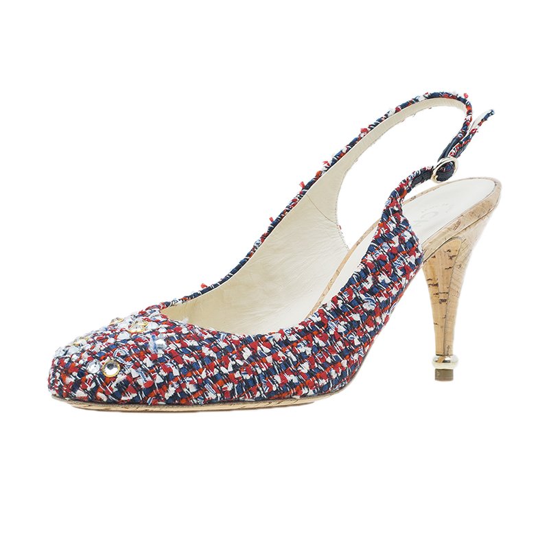 Chanel Red and Blue Slingback Sandals Size 40