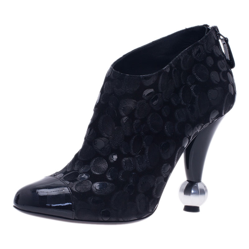 Chanel Black Suede and Leather Ankle Boots Size 38.5