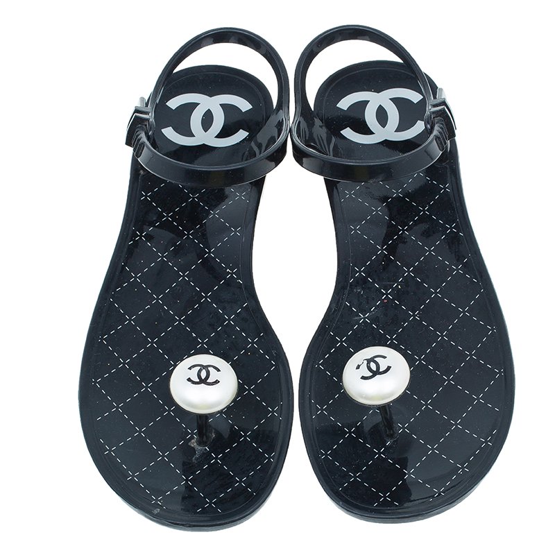 Chanel Black Camellia CC Jelly Flat Sandals Size 37 Chanel