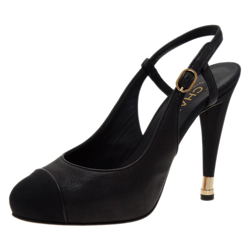 Pre Owned Chanel Black Leather Cap Toe Slingback Sandals Size 39