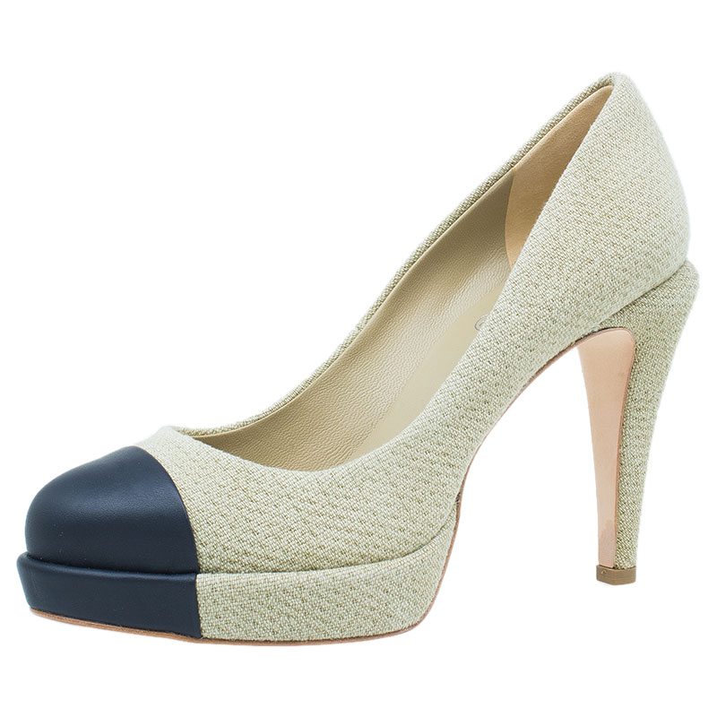 مملوكة مسبقًا Chanel Beige Raffia Cap Toe Platform Pumps Size 38