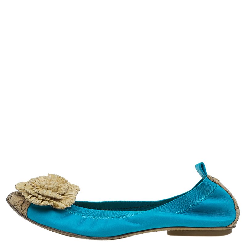 Pre Owned Chanel Turquoise Leather, Cork and Raffia Camelia Ballet Flats  Size 40.5