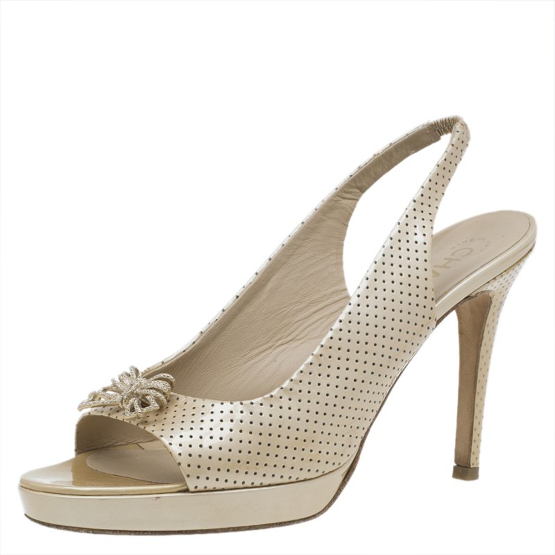 Chanel Beige Perforated Leather Butterfly Embellished Slingback Sandals Size 38.5