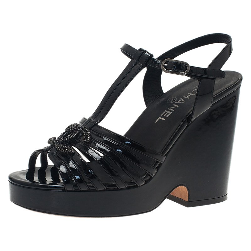 Chanel Black Patent T-Strap Platform CC Logo Wedge Sandals Size 38.5