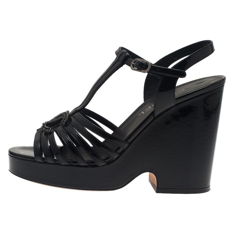 Chanel Black/Grey Patent And Leather Wedge Sandals Side 38 - ShopStyle
