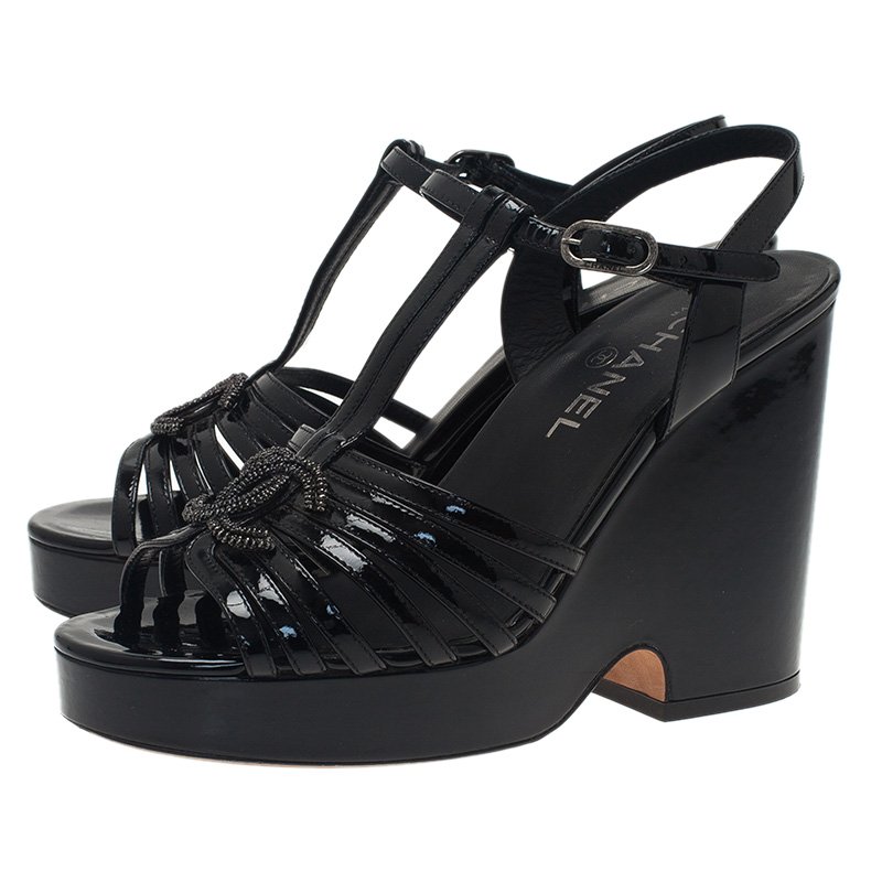 Chanel Black Patent Leather Cork Platform Wedge Sandals Size undefined -  $245 - From Christina