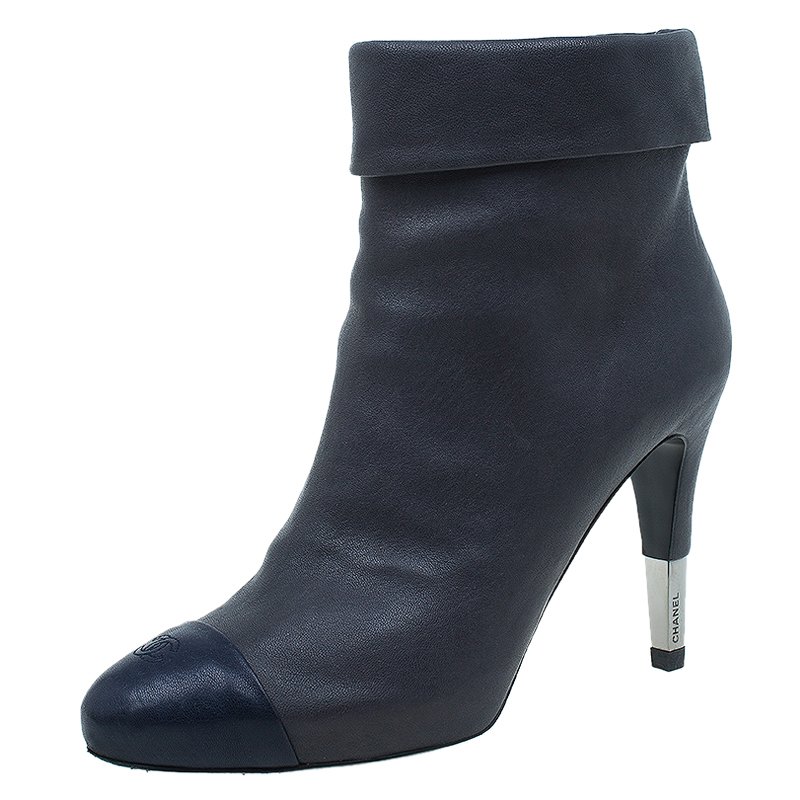 Chanel Grey and Blue Leather Cap Toe Ankle Booties Size 39