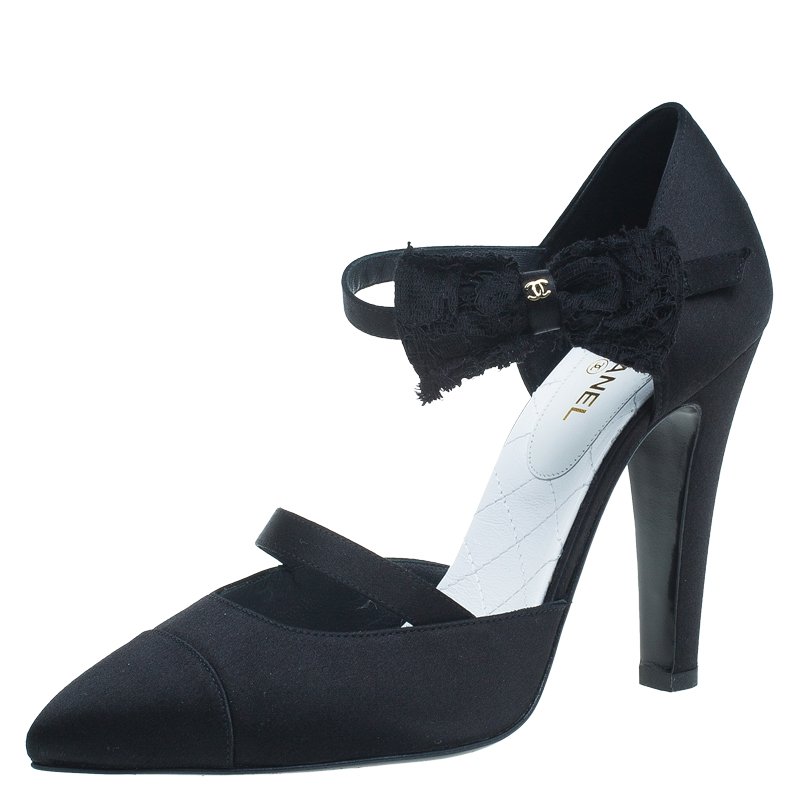 Chanel Black Satin and Lace Bow Detail Mary Jane Pumps Size 39