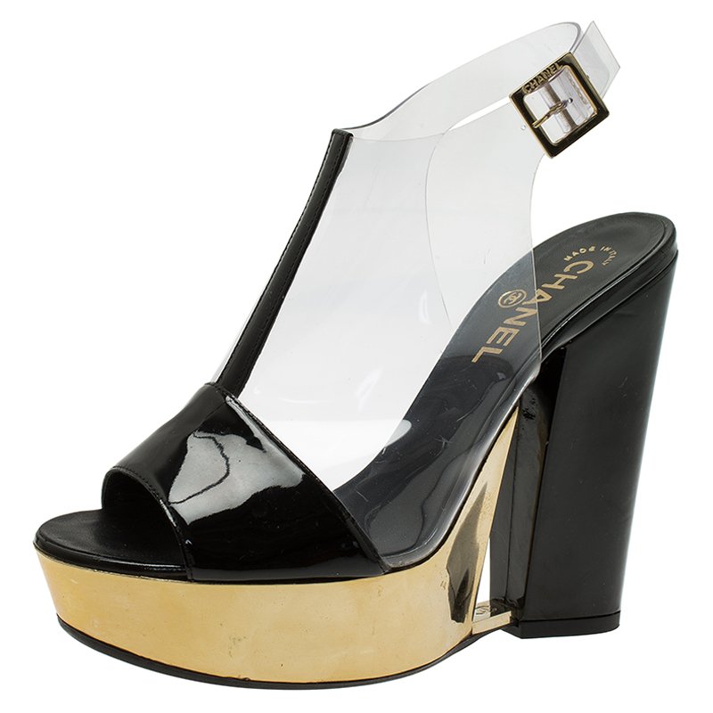 Chanel Transparent Gold and Black Patent Platform Wedge Sandals Size 38