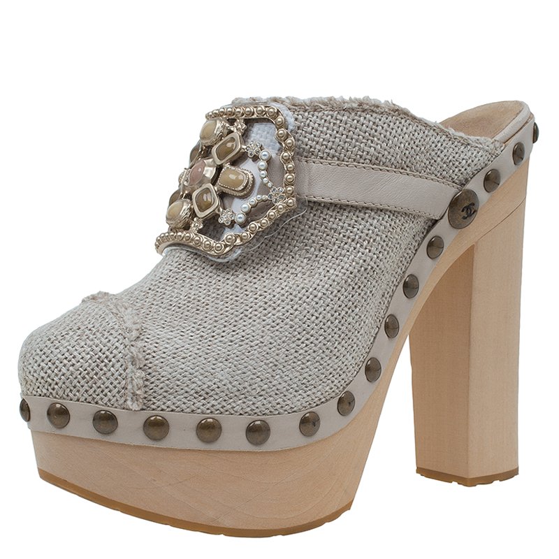 Pre Owned Chanel Beige Embellished Canvas Platform Clogs Size 38