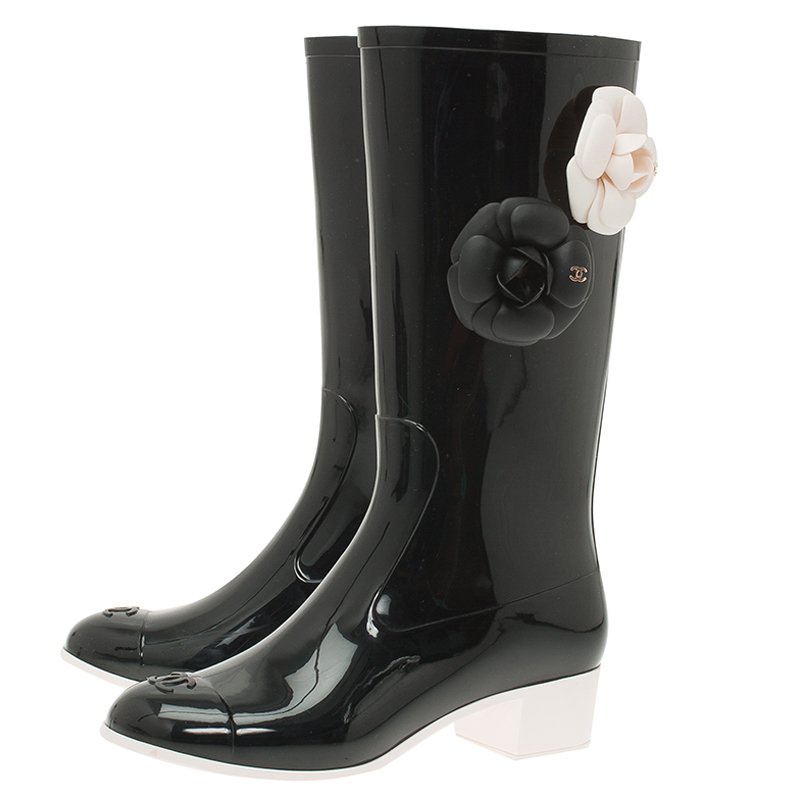 Chanel Black Camellia Rubber Rain Boots Size 36 Chanel